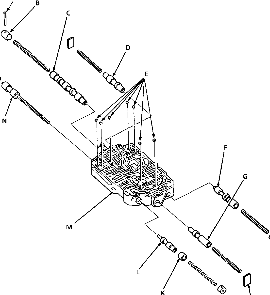 Exploded view diagram of the secondary valve body showing components labeled A through O.