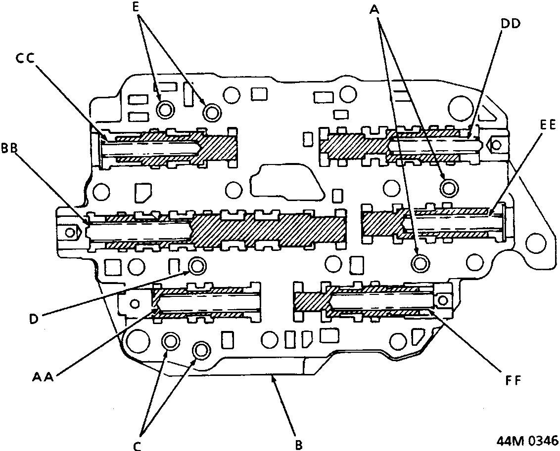 Diagram of secondary valve body showing locations of check balls (A, C, E), secondary valve body (B), and various control valves (AA, BB, CC, DD, EE, FF).