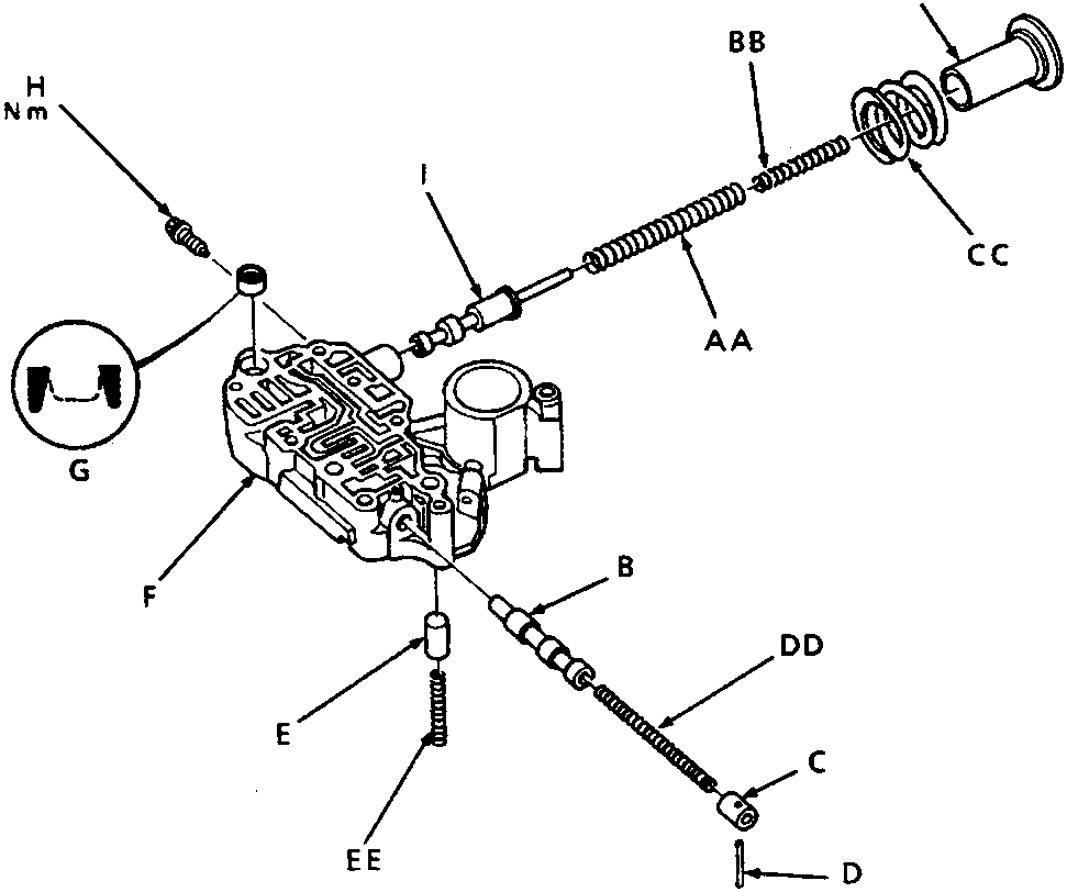 Exploded diagram of the regulator valve body showing components labeled A through I, including springs, valves, caps, and a stopper bolt with a torque specification of 12 Nm.