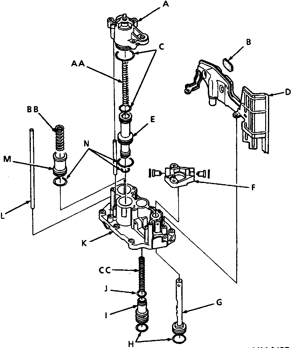 Exploded view diagram of the servo valve body showing components labeled A through N, including accumulator covers, pistons, rings, and the servo body.