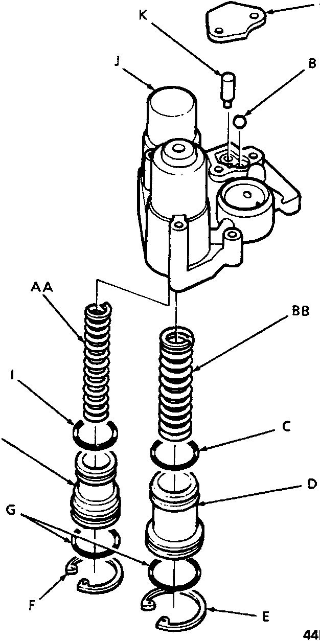 Exploded view diagram of the 1st/2nd accumulator body showing components labeled A through K and AA, BB including cover, pistons, springs, rings, and choke.