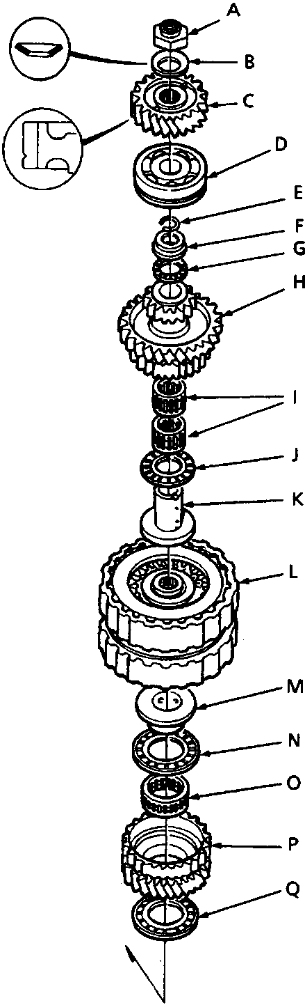 Exploded view of the mainshaft components showing parts labeled A through Q, including gears, bearings, washers, and retainers. Two circular insets show detailed cross-sections of specific components. The figure is identified as 44M 0438.