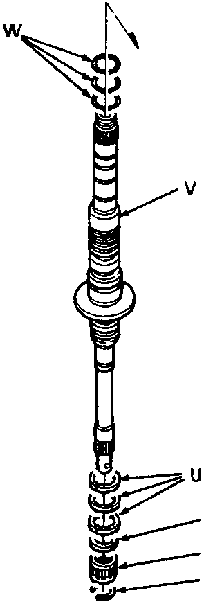 Continuation of the mainshaft assembly showing the lower section with parts labeled R through W, including thrust washers, a shaft, and retaining rings.
