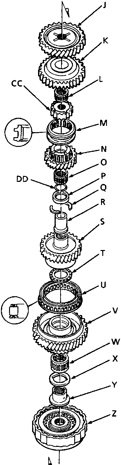 Exploded view of the main countershaft assembly showing gears, bearings, and synchronizers labeled J through Z.