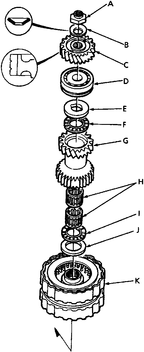 Exploded view of the secondary shaft assembly showing components labeled A through K, including gears, bearings, washers, and clutch.