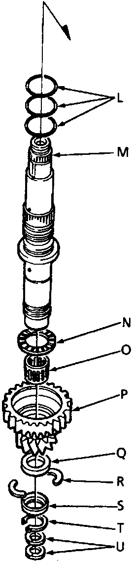 Exploded view of the secondary shaft end showing components labeled L through U, including rings, collars, retainers, and snap rings.