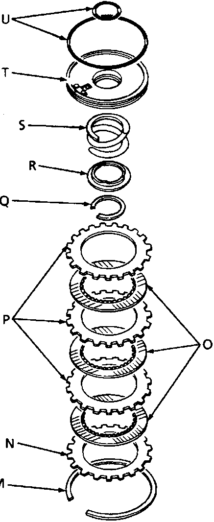 Exploded view of clutch assembly components labeled U, T, S, R, Q, P, O, N, M