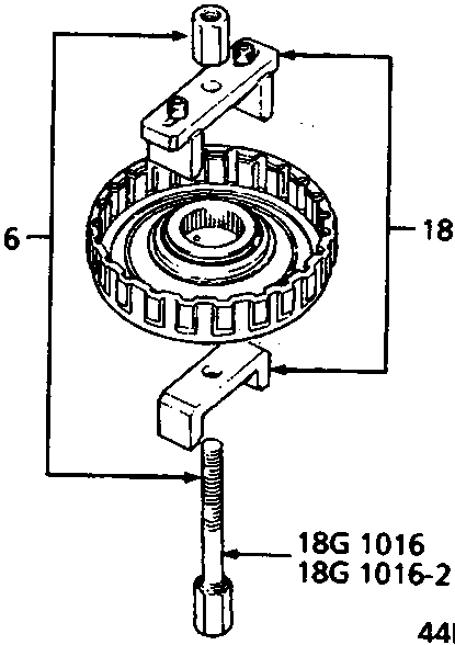 Exploded view of 1st hold clutch assembly showing tool 18G 1016 and 18G 1016-2