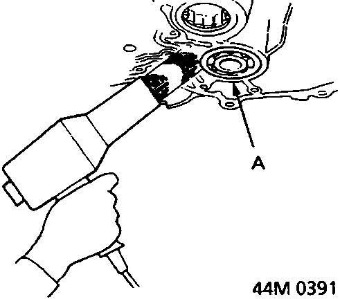 Diagram showing secondary shaft bearing (A) being tapped out of torque converter housing