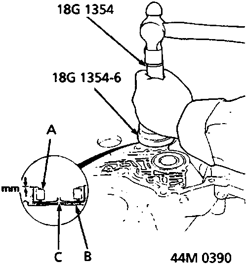 Diagram showing installation of oil guide plate and bearing into housing with tool 18G 1354 and 18G 1354-6, indicating a fitted dimension of 0–0.03 mm