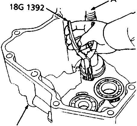 Diagram showing a press tool (18G 1392) being used to remove a bearing from the gearbox housing.