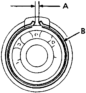 Diagram showing snap ring end gap A and snap ring B in a bearing assembly