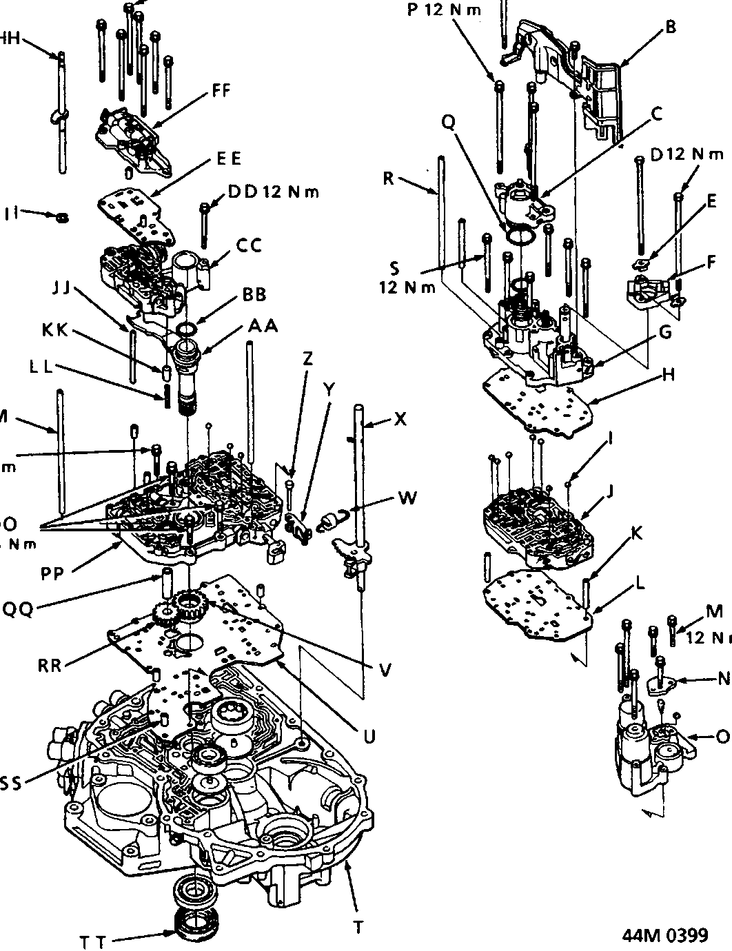 Exploded view diagram of the automatic gearbox assembly showing various components labeled with letters A through TT and torque values for specific fasteners. The diagram number 44M 0399 is printed in the bottom right corner.