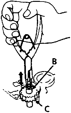 Diagram showing installation of oil pump driven gear (C) onto driven gear shaft (B)