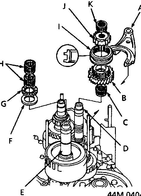 Assembled view of gearbox internals showing shift fork, countershaft 4th gear, needle bearings, countershaft, secondary shaft, splined washer, thrust needle bearing, reverse selector, reverse selector hub, and needle bearings labeled A through K.