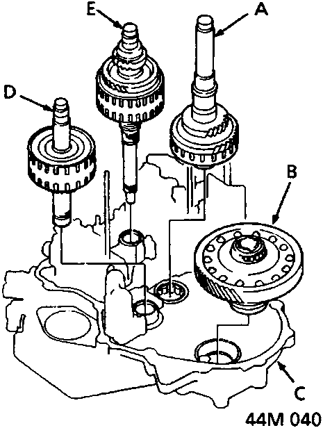 Exploded view of gearbox internal components showing countershaft sub-assembly, differential assembly, torque converter housing, secondary shaft sub-assembly, and mainshaft sub-assembly labeled A through E.