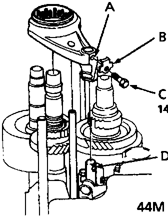 Diagram of shift fork assembly showing bolt hole, lock washer, lock bolt, and shaft bolt hole with a torque specification of 14 Nm.