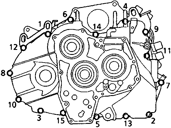 Diagram showing gearbox housing bolt tightening sequence numbered 1 to 15