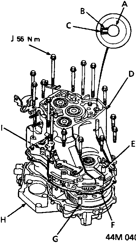 Diagram showing control shaft assembly with callouts A through G and torque specification J 55 Nm
