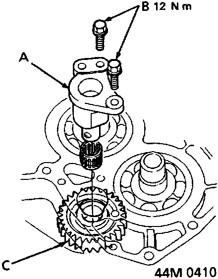 Diagram showing reverse idler gear shaft holder with callouts A, B (12 Nm), and C