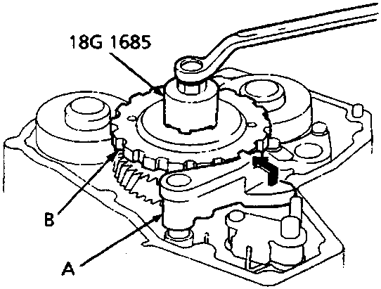 Diagram showing tool 18G 1685 engaging parking brake pawl A with parking gear B (44M 0413)