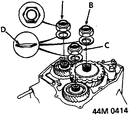 Diagram showing mainshaft locknut A, countershaft locknut B, secondary shaft locknut C, and conical spring washers D (44M 0414)