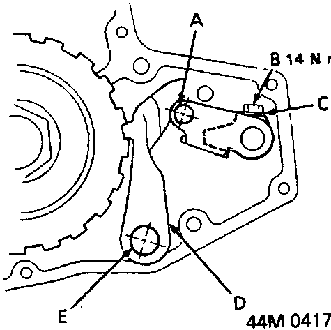 Diagram of parking brake assembly showing lever roller pin (A), lock bolt (B) torqued to 14 Nm, lock washer (C), parking brake pawl (D), and parking brake pawl shaft (E).
