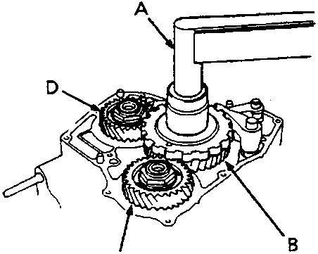 Diagram showing a torque wrench (A) tightening a locknut on parking gear (B), with secondary shaft idler gear (C) and mainshaft idler gear (D) visible.