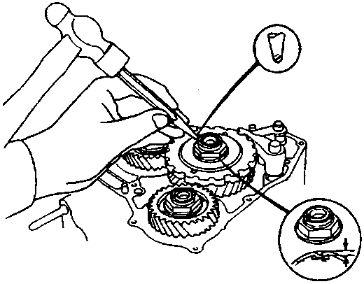 Diagram showing a punch being used to stake a locknut into its shaft, with an inset detail of the staked nut.