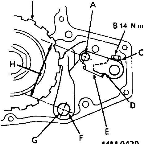 Diagram of parking brake stopper assembly showing roller pin, lock bolt, washer, stopper, lever, pawl, pawl shaft, distance to measure and parking gear with labels A through I
