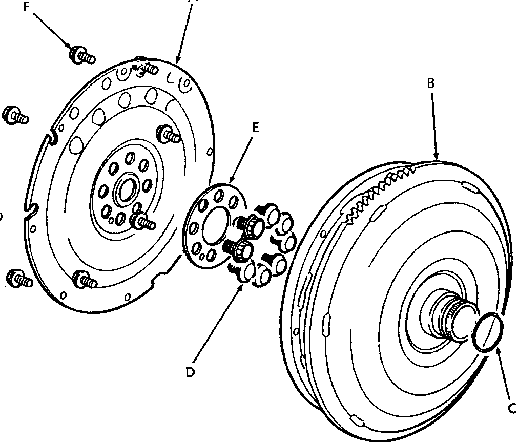 Exploded view diagram of the torque converter assembly showing the drive plate, torque converter/ring gear, O ring, securing bolts, and lock washer.