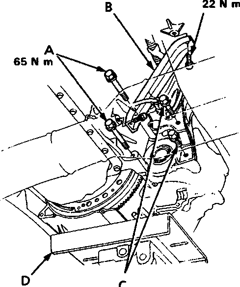 Diagram showing gearbox mounting bolts, intake manifold bracket, rear engine mounting bolts and transmission jack with torque values 65 N m, 22 N m, 55 N m