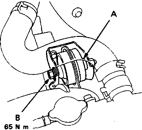 Diagram showing front engine mount with callouts A and B, and torque value 65 N m