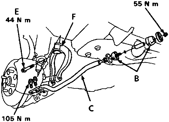 Diagram showing radius rod, damper fork, and damper pinch bolt with labeled parts A through F and torque values 44 N m, 55 N m, and 105 N m.