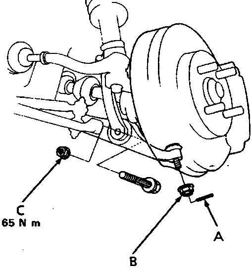 Diagram showing driveshaft end with cotter pin, castle nut, and self locking nut with labeled parts A through C and torque value 65 N m.
