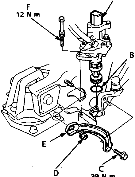 Diagram showing vehicle speed sensor, 'O' ring, rear stiffener and securing bolts/nuts labeled A through F with torque values 12 N m, 21 N m and 39 N m