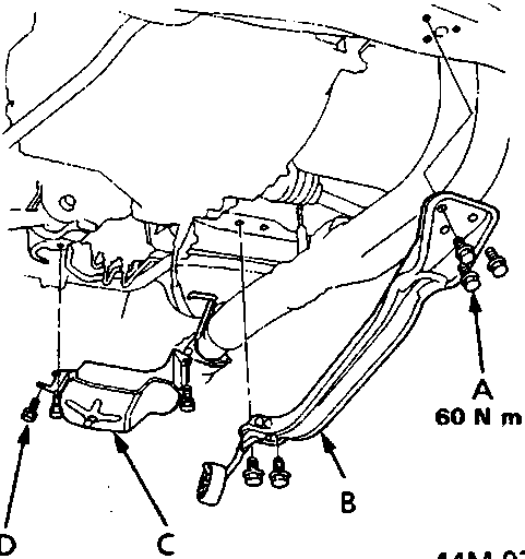 Diagram showing installation of damper fork, ball joint, centre beam and steering gearbox guard with securing bolts labeled A, B, C, D and torque values 60 N m and 12 N m