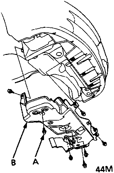 Diagram showing splash shield installation with securing bolts labeled A and splash shield labeled B