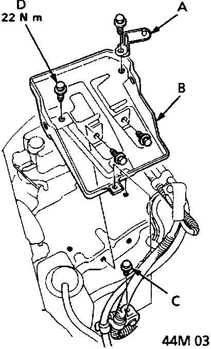 Diagram showing air cleaner housing guide, battery base, battery cable bolt and battery base securing bolt with torque value 22 N m
