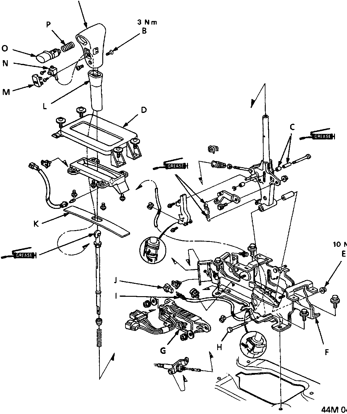 Exploded view diagram of the automatic gearbox selector assembly showing components labeled A through P, including the gear lever, mounting bracket, shift linkage, and cables. Torque values of 3 Nm and 10 Nm are indicated on specific fasteners. Grease application points are marked with labels.