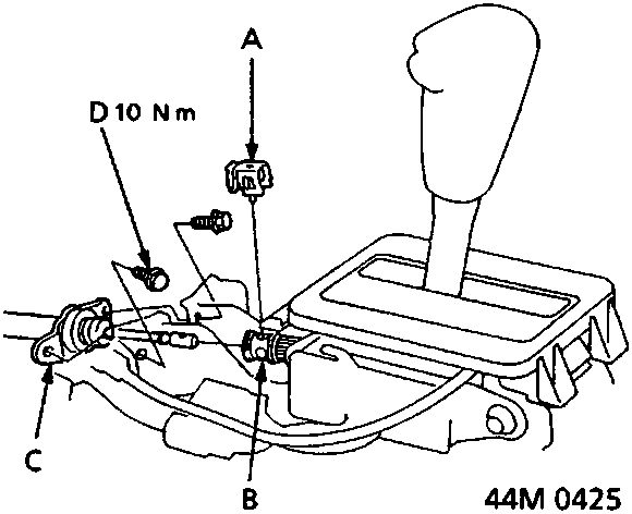 Diagram of selector cable assembly showing lock pin A, cable adjuster B, bracket C, and bracket securing bolts D (10 Nm)