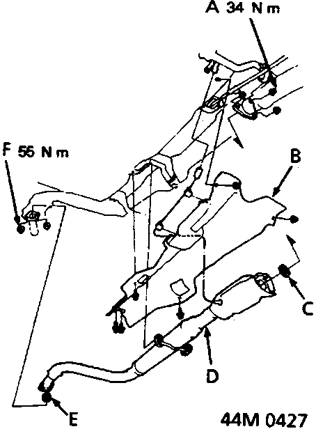 Diagram showing self-locking nut, heat shield, gasket, exhaust pipe A, and another gasket with torque values A 34 Nm and F 55 Nm