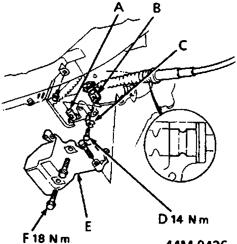 Diagram showing control shaft, control lever, lock washer, control lever bolt, cable cover, and cable cover bolts with torque values D 14 Nm and F 18 Nm