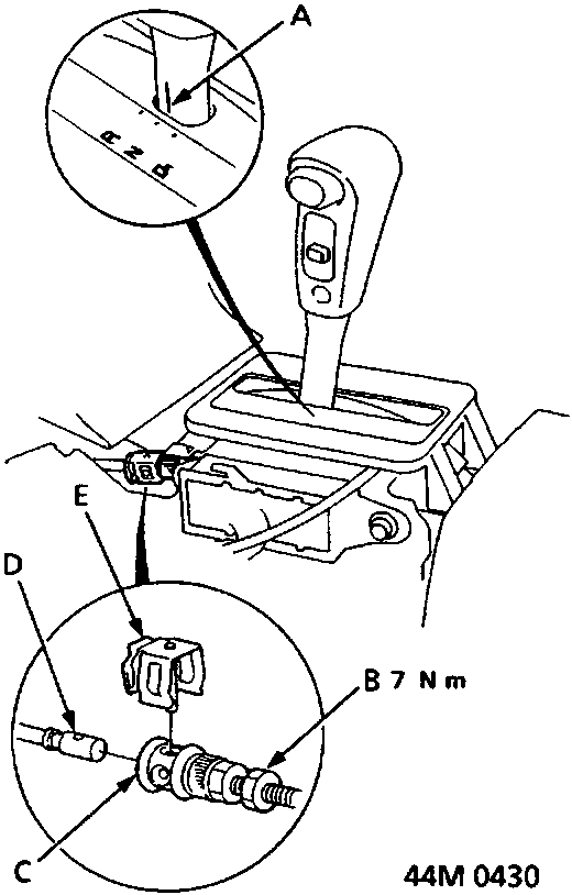 Diagram of selector cable adjustment at the gearshift lever showing index mark, locknut, cable adjuster, and lock pin with torque specification