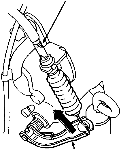 Diagram showing throttle control cable (D) and throttle control lever (E) at the pedal assembly.