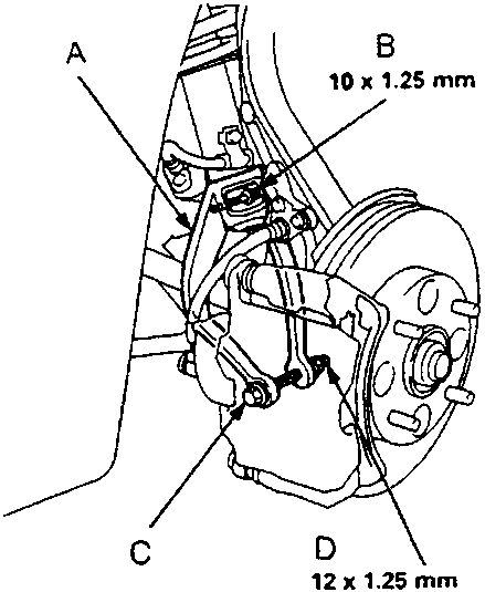 Diagram of the damper fork assembly with callouts A, B, C, D and dimensions 10 x 1.25 mm and 12 x 1.25 mm.