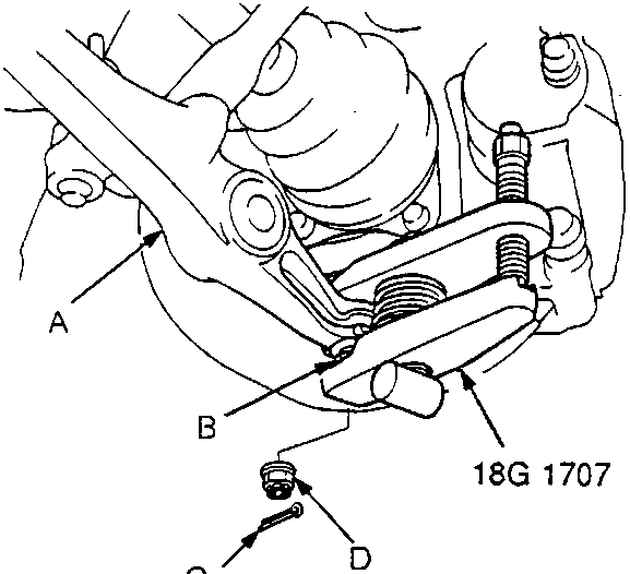 Diagram of lower arm ball joint assembly showing tool 18G 1707 and labels A, B, C, D with dimension 12 x 1.25 mm
