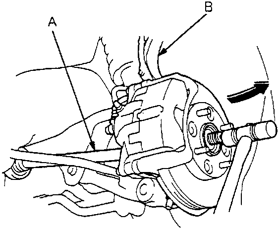 Diagram of driveshaft outboard joint being removed from knuckle with labels A and B