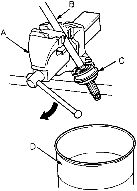 Diagram showing a driveshaft clamped in a vice with labels A (Vice), B (Driveshaft), C (Outboard Joint), and D (Rubbish Bin) positioned underneath.