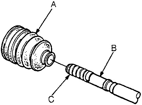 Diagram of an outboard boot on a driveshaft with vinyl tape on the splines, labeled A (Outboard Boot), B (Driveshaft), and C (Vinyl Tape), figure number 47M0067